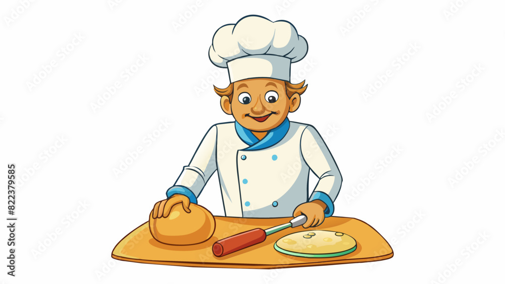 Poster A baker kneading a ball of dough on a floured surface pressing and rolling it with their hands to create a smooth and elastic texture. The dough. Cartoon Vector