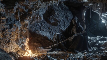 Grim Reaper in Fiery Cave Scene
