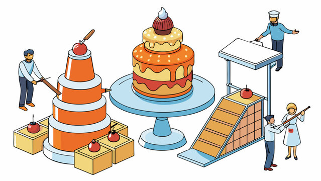 A baking contest where participants must create a dessert that resembles a famous landmark. The desserts must be made from scratch with at least three. Cartoon Vector