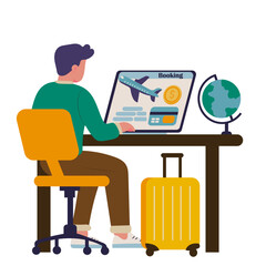 Flight tickets online booking. Man buying ticket with computer. Vector illustration.
