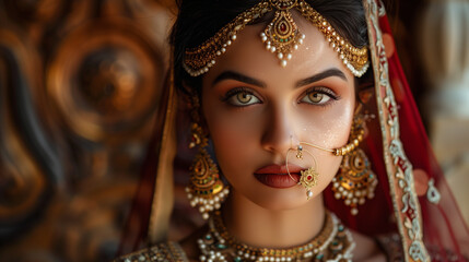 Portrait of beautiful Indian girl in traditional Indian costume with kundan jewelry