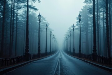 Obraz premium Foggy Pathway with Vintage Street Lamps in Forest