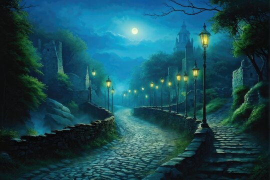 Foggy Pathway with Vintage Street Lamps in Forest