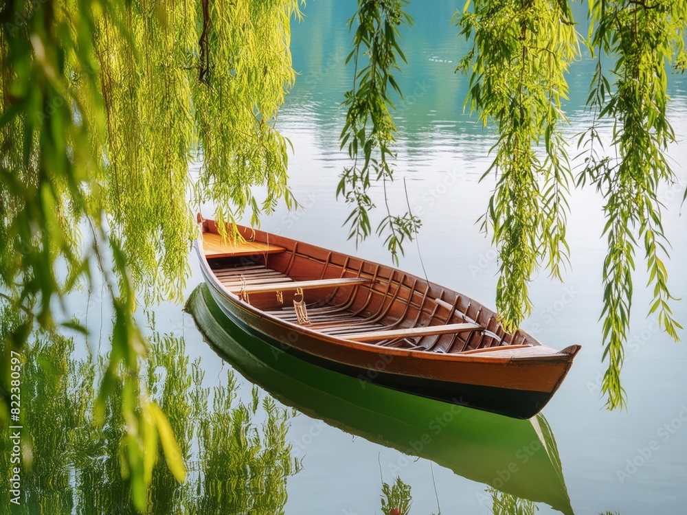 Canvas Prints In the green willow tree, there is an ancient wooden boat on the calm lake surface. 