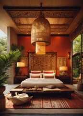 Develop a concept for a hotel suite and outdoor area with an asian theme