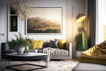 Luxury interior of modern living room with white sofa coffee table and frame on the wall
