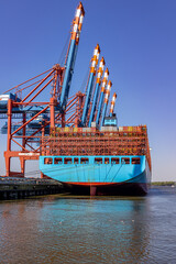 Containerschiff im Hamburger Hafen mit Kränen