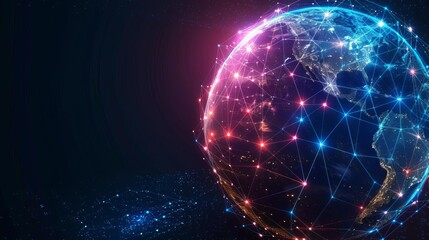 Colorful digital representation of Earth with interconnected networks and nodes symbolizing global communication and technology.