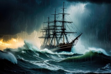 Ship Battling Rough Seas During Storm