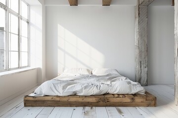 Simple wooden bed in a modern Scandinavian loft bedroom. It's next to a plain white wall with plenty of photocopying space