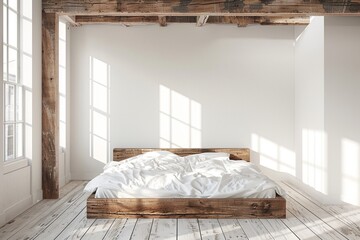 Simple wooden bed in a modern Scandinavian loft bedroom. It's next to a plain white wall with plenty of photocopying space