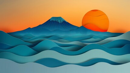 A mount fuji and the ocean in the background. The colors are blue, orange, and white. The illustration has a paper-cut style.