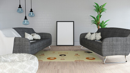 3D modern lounge interior with blank picture frame