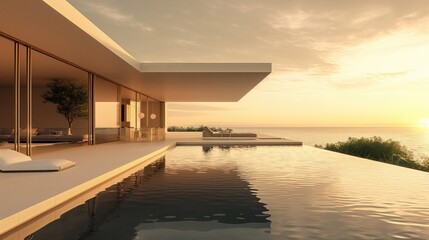 White villa with pool and sea view in sunrise or sunset time