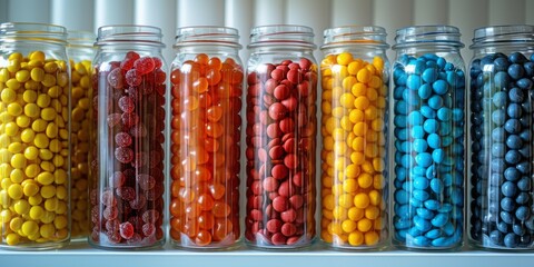 A straight row of glass jars filled with colorful candies displayed on a shelf