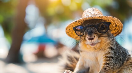 Obraz premium Relaxing squirrel with sun hat and sunglasses on beach.