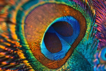 A close up of a peacock feather with a blue and orange center generated by AI