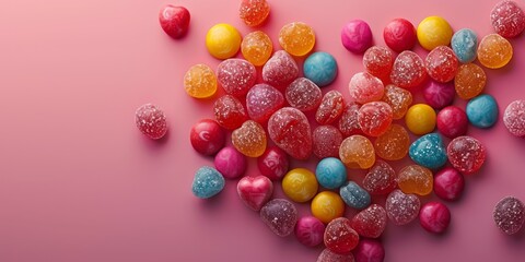 Obraz premium A pile of colorful jelly beans neatly arranged on a pink surface