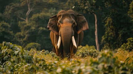 Fototapeta premium Proud male elephant with large tusks, captured in its natural habitat against a backdrop of lush greenery.