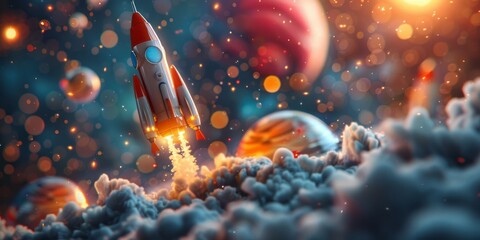 A red and white rocket with flames shooting out from its base lifts off into outer space