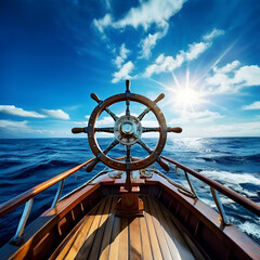 ship wheel on boat with sea and sky freedom and adventure direction concept,