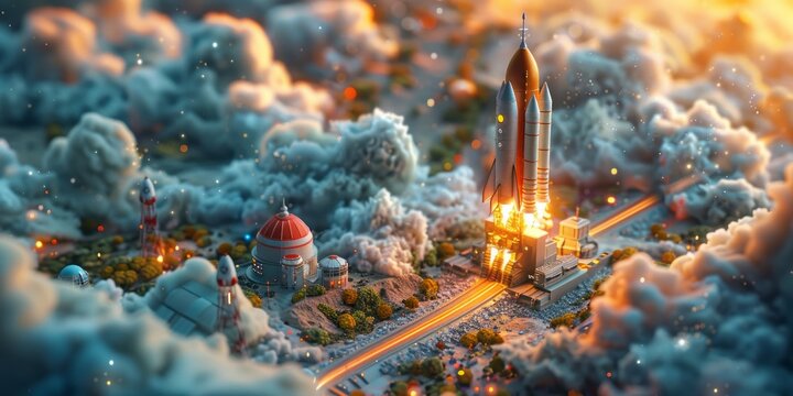 A rocket model blasts off into the sky with flames and smoke trailing behind