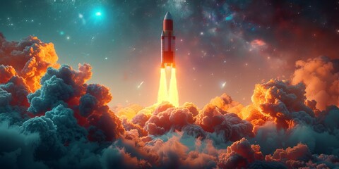 A rocket is soaring through the sky high above a layer of fluffy white clouds