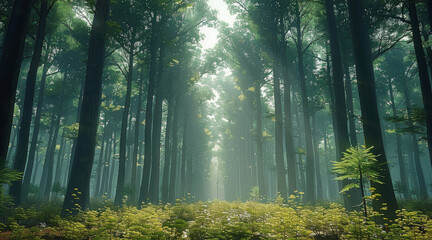 Fototapeta premium A mesmerizing forest of towering trees. Generative AI.