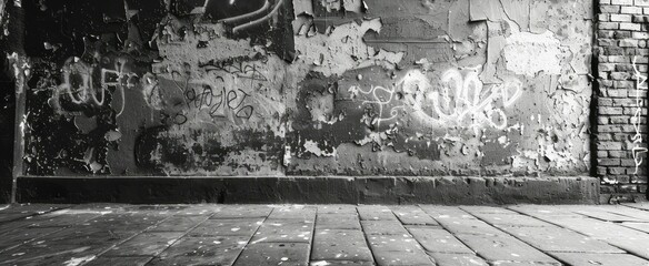 Black and white graffiti covering a wall in an urban setting