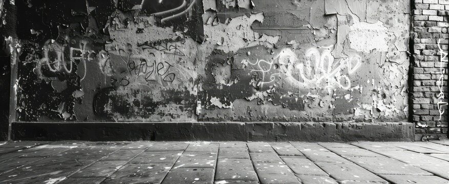 Black and white graffiti covering a wall in an urban setting