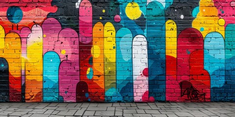 A colorful mural painted on a brick wall, showcasing bold designs and vivid hues