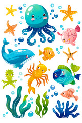 Adorable sea creatures with marine plants