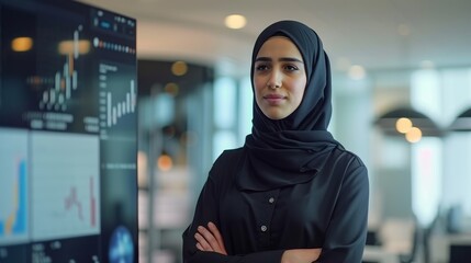 Young Arab female consultant and sales agent, confidently presenting financial options to a client in an office setting