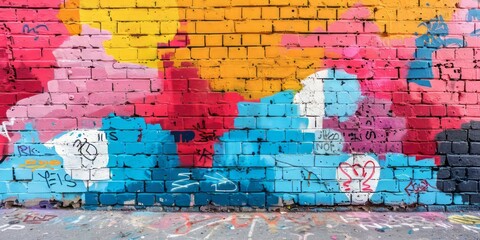 A brick wall covered in vibrant graffiti art, featuring a multitude of colors and designs