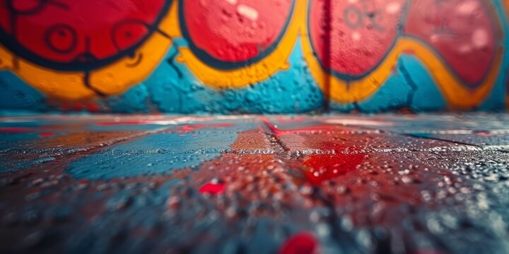 Detailed view of a wall covered in colorful graffiti art, showcasing vibrant colors and intricate designs