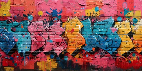 A brick wall covered in vibrant graffiti art that adds a pop of color to the urban landscape