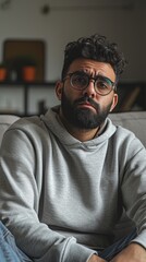 Obraz premium Arab man with a beard and glasses, sitting on a sofa in his living room, looking sick and upset
