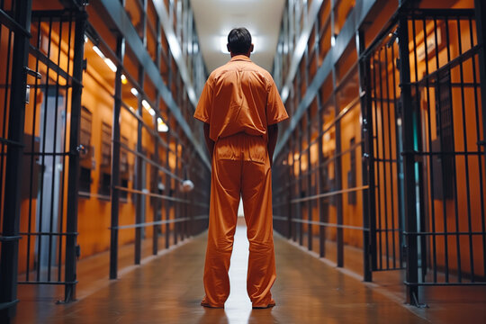 Inmate in orange suit walking prison hall