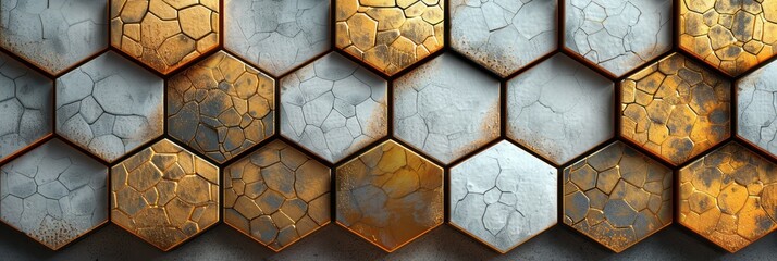 A close-up view of a wall composed of interconnected metal hexagonals, creating a unique geometric pattern