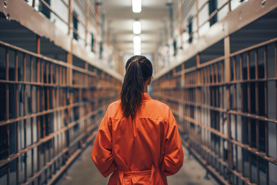 Female prisoner in orange jumpsuit