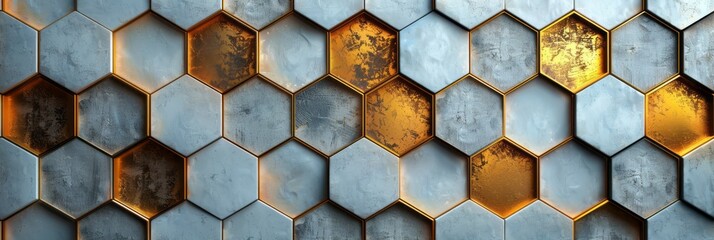 Detailed view of a metal wall featuring hexagonal shapes in a close-up shot