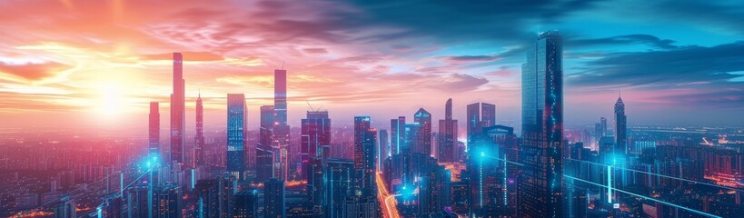 Naklejka premium Cityscape with sleek skyscrapers and advanced transportation systems under a twilight sky