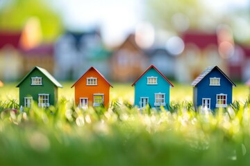 Brightly colored houses in a row on grass with a blurred background, real estate concept 