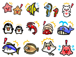 びっくりするかわいい海の生き物のアイコンイラストセット