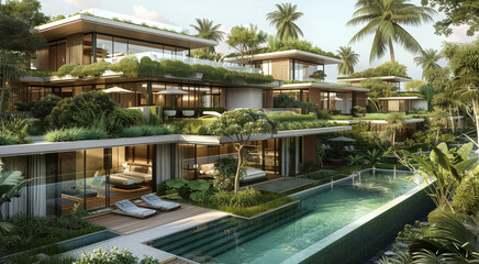 Fototapeta premium Modern resort which have green space on the roof top, big glass, swimming pool, green space, 10 buildings, high trees, terrace at the outdoor, beachfront. Generative AI.