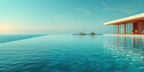 A massive swimming pool positioned beside the vast ocean, offering a stunning view of the waters expanse