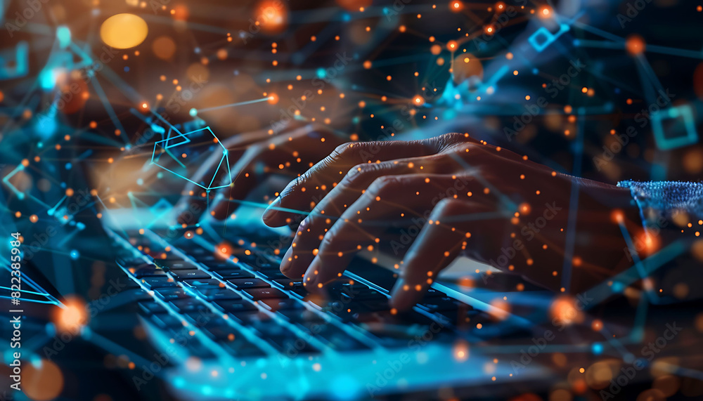Poster Close-up of a software engineer's hands working on a laptop with a digital overlay of global connections and binary code, showcasing the integration of advanced technology in IT support