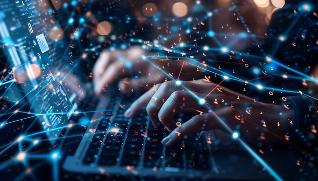 Close-up of a software engineer's hands working on a laptop with a digital overlay of global connections and binary code, showcasing the integration of advanced technology in IT support