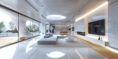 Interior design, open-plan kitchen, futuristic technology. Generative AI.