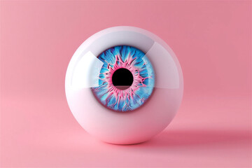 Creative and trendy image of eyeball blue and pink pupil on pink background